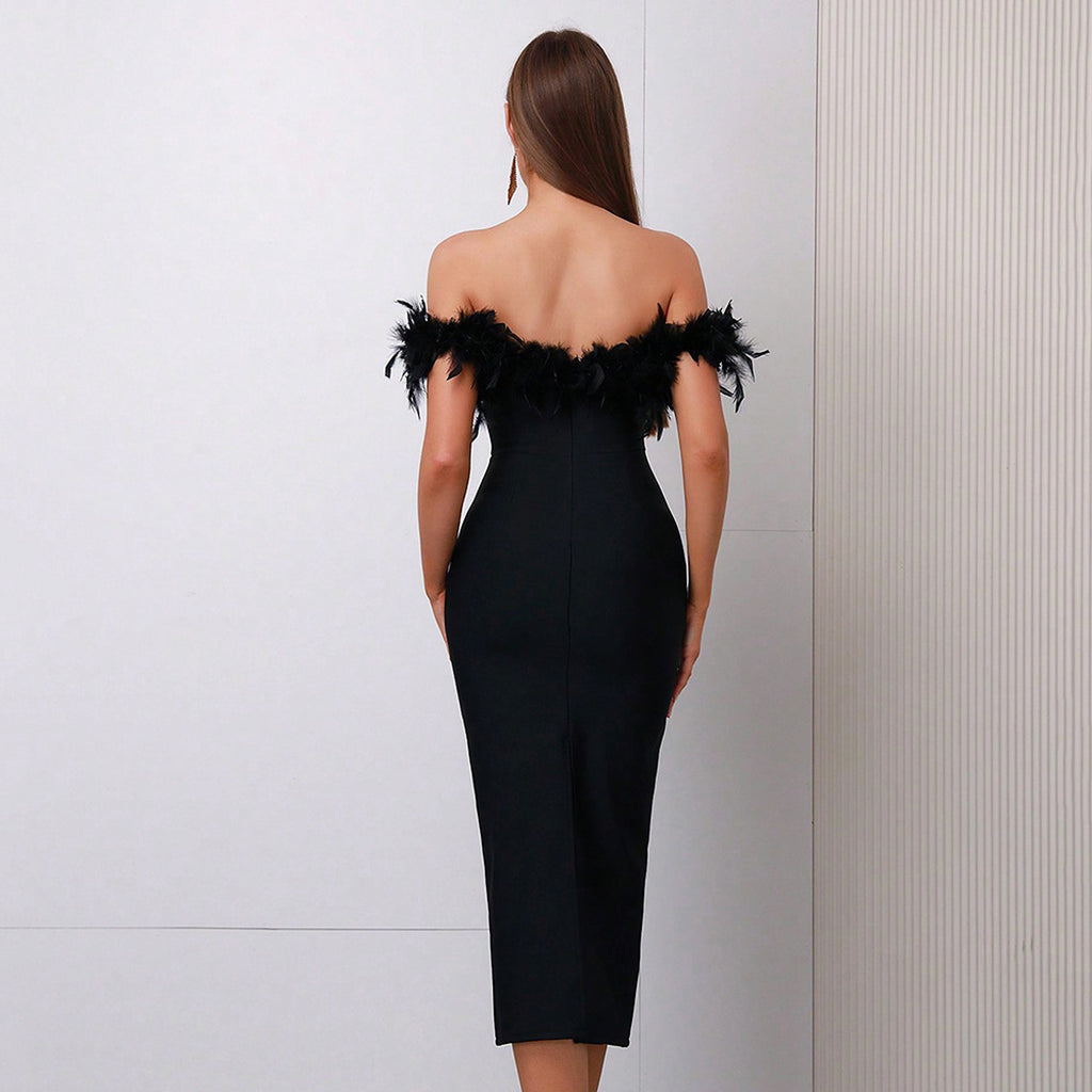 Off-neck Feather Women's Dress - enhanced image 4