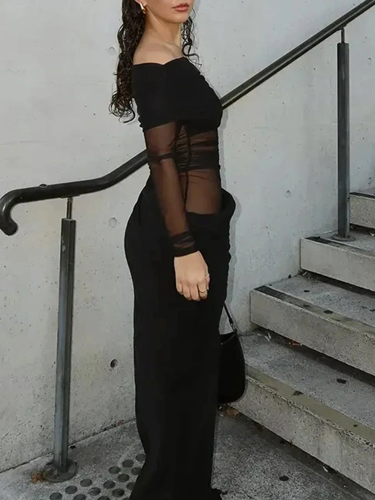 Off Shoulder Mesh Panel Ruched Dress - enhanced image 4