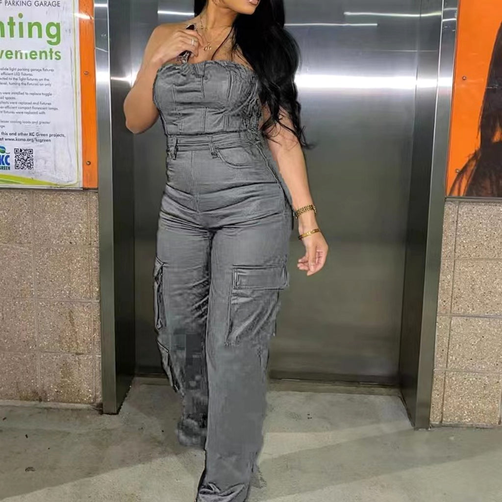 A1. Off-the-shoulder Tube Top Tight-fitting Cinched PU Leather Jumpsuit - enhanced image 4