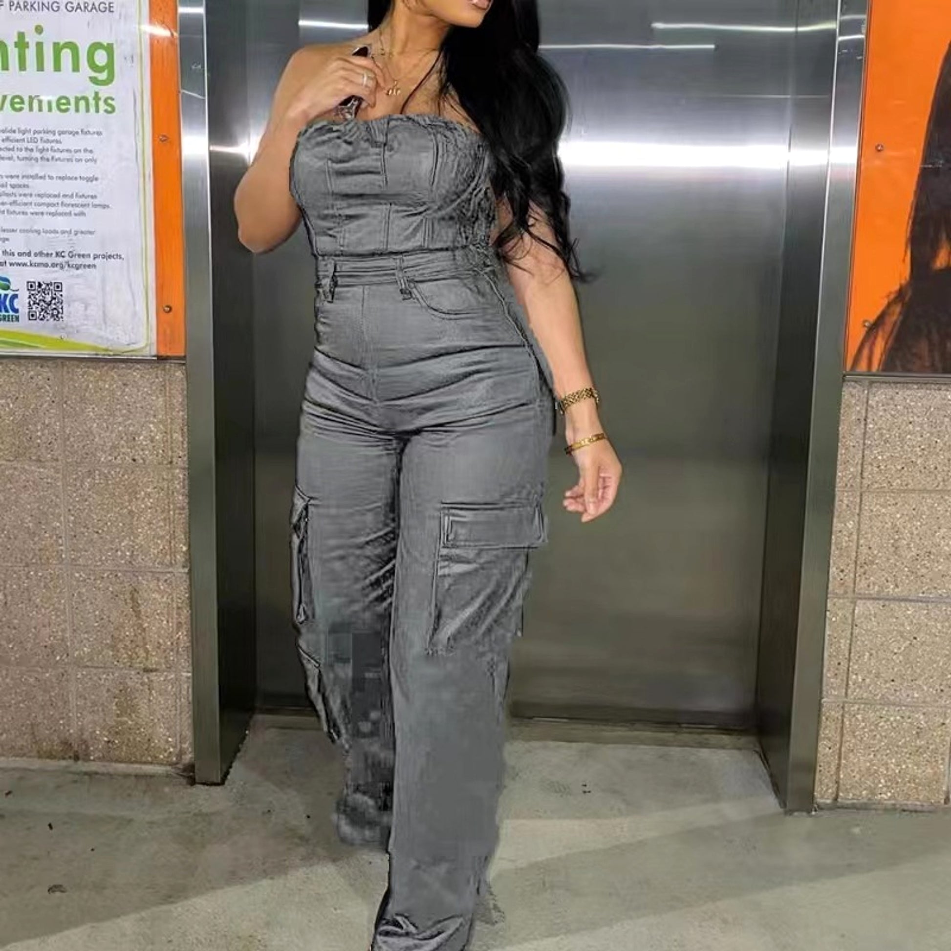 A1. Off-the-shoulder Tube Top Tight-fitting Cinched PU Leather Jumpsuit - enhanced image 4