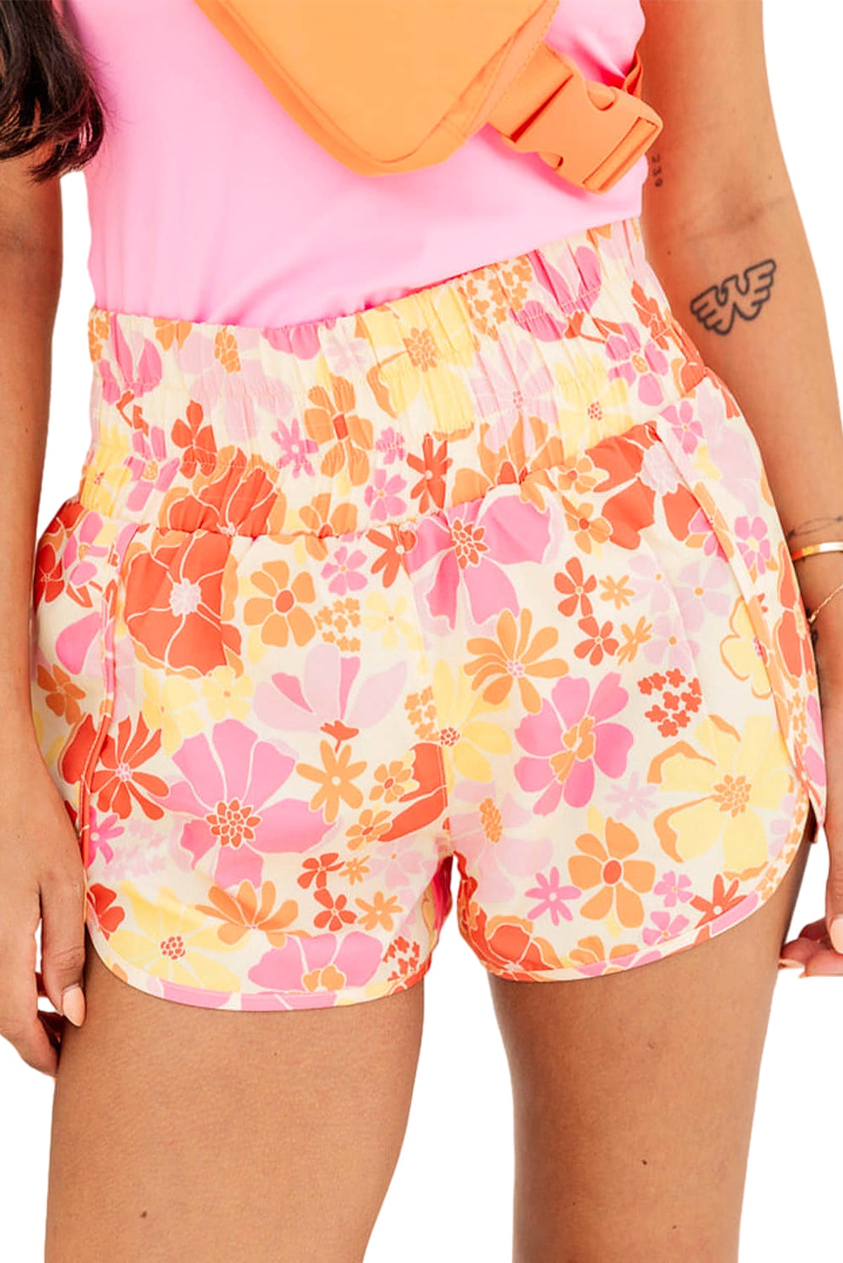 Orange Boho Floral Shirred High Waist Casual Shorts - enhanced image 4