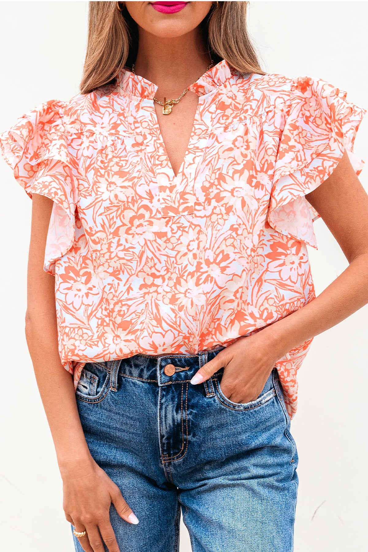 Orange Floral Ruffle Sleeve Split Neck Blouse - enhanced image 4