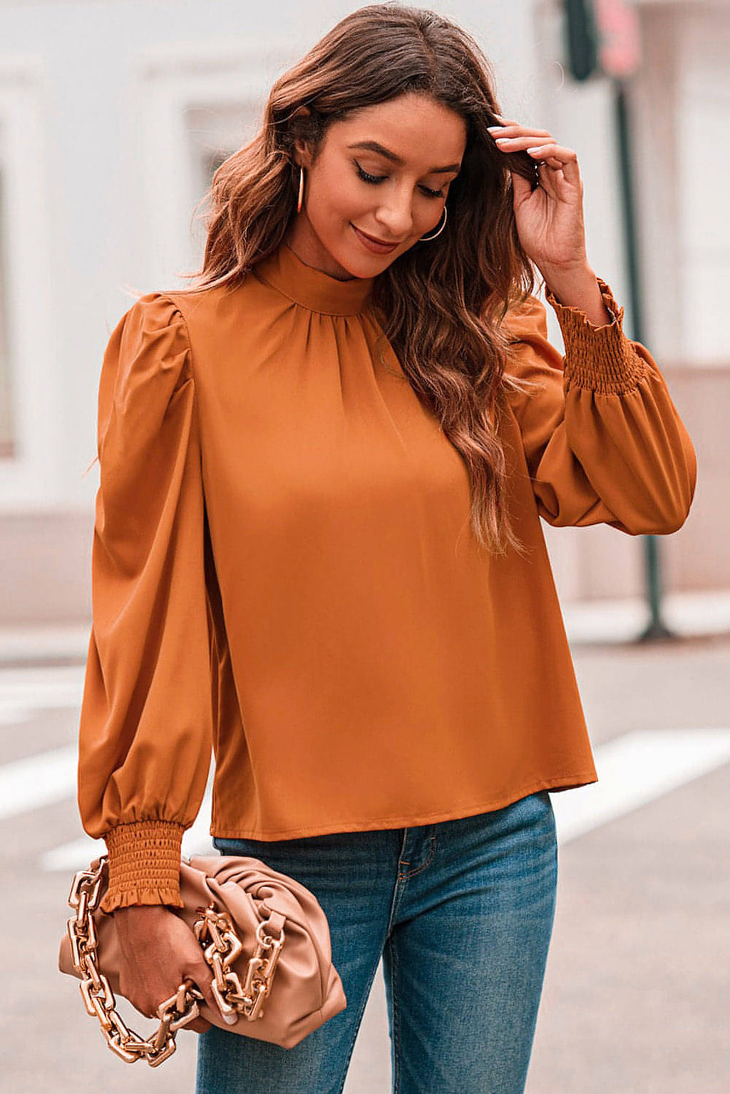 Orange Long Bubble Sleeve Mock Neck Chiffon Blouse - enhanced image 4