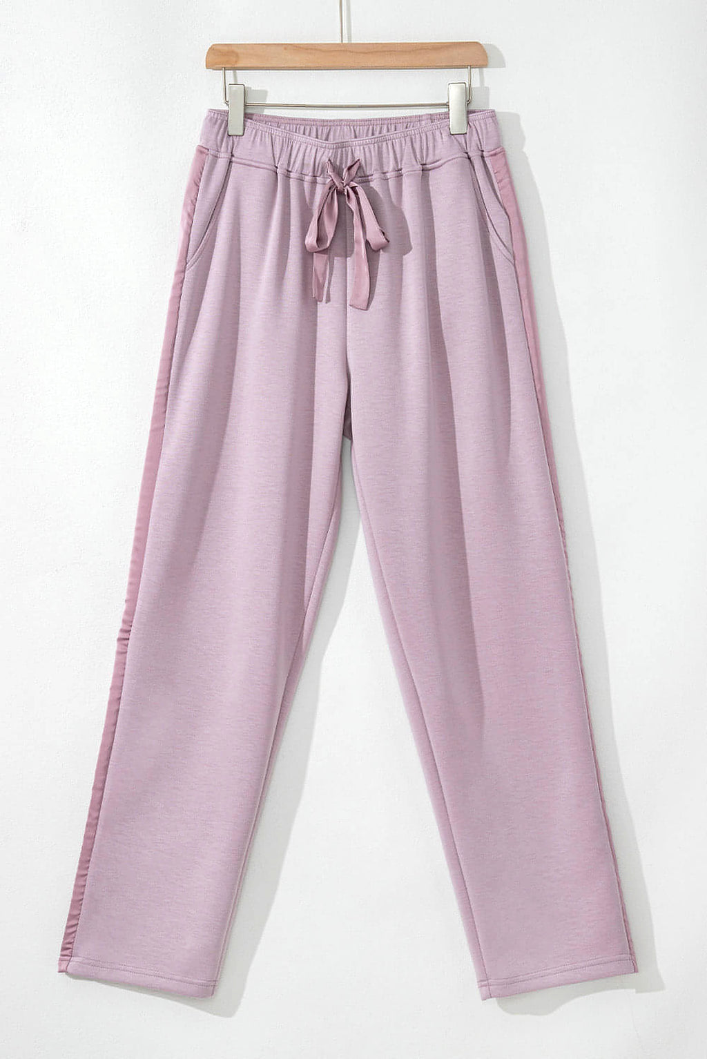 Orchid Petal Drawstring Waist Satin Stripe Patch Straight Leg High Waist Pants - enhanced image 4