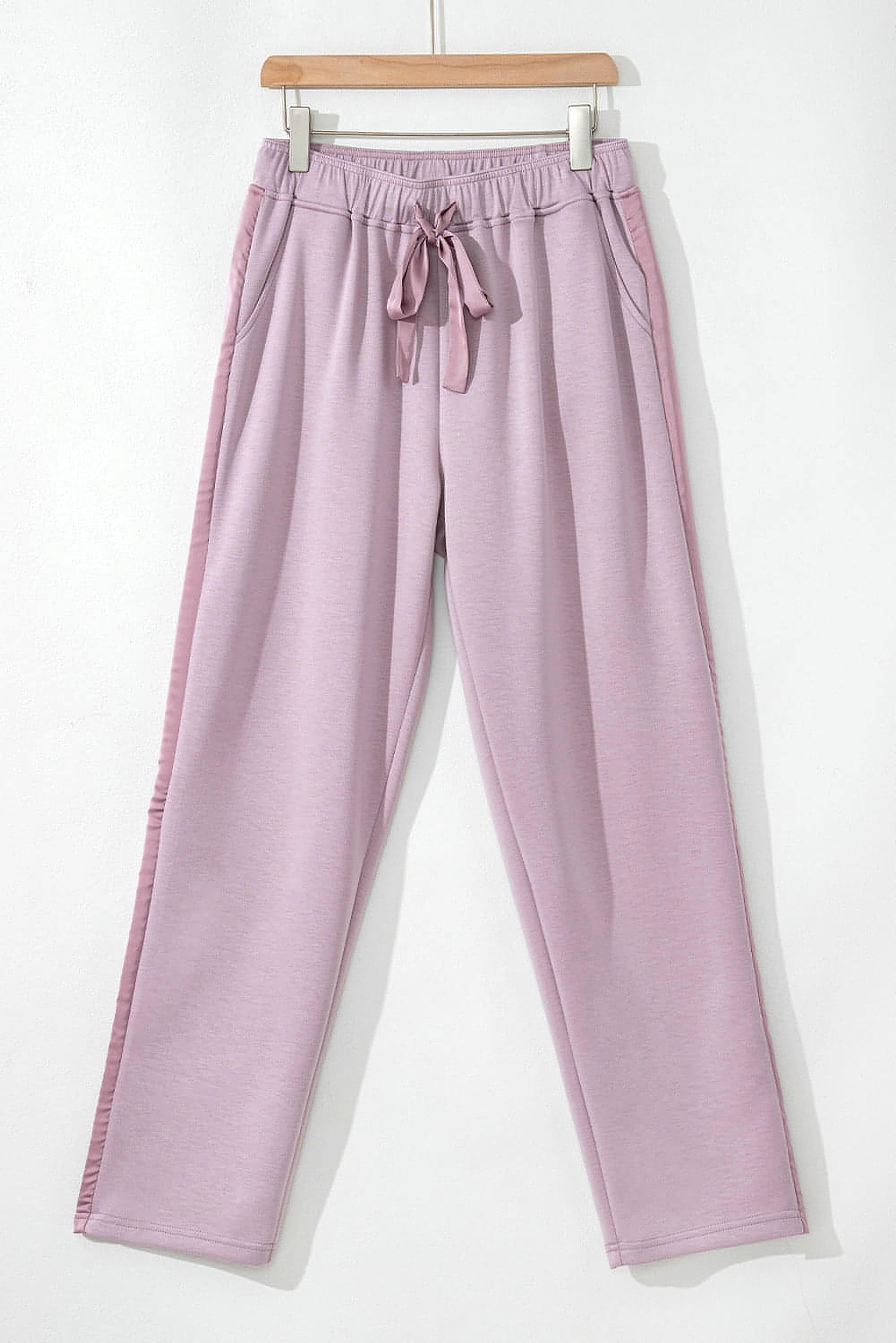 Orchid Petal Drawstring Waist Satin Stripe Patch Straight Leg High Waist Pants - enhanced image 4