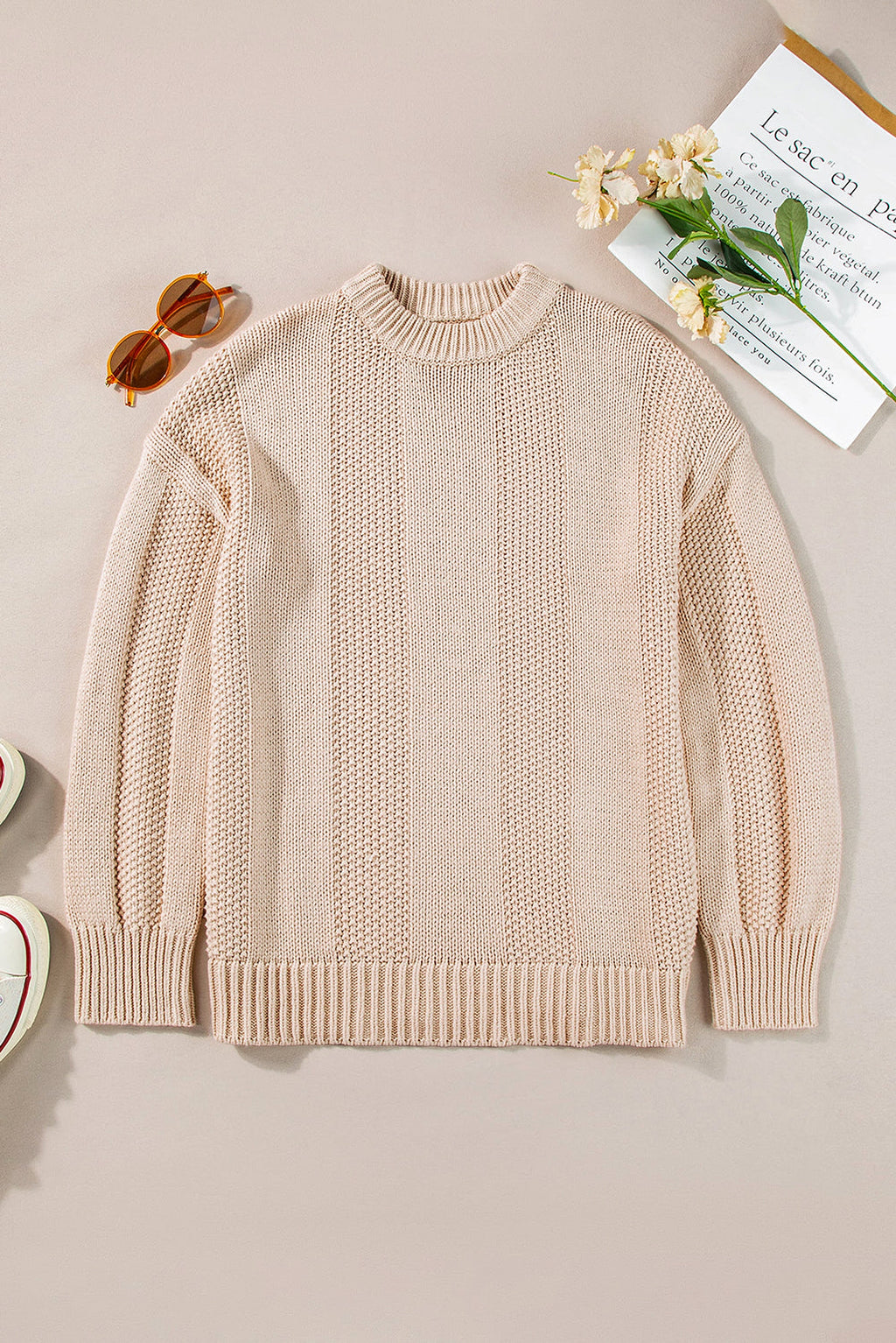 Pale Khaki Solid Color Cable Knit Ribbed Loose Sweater - enhanced image 4