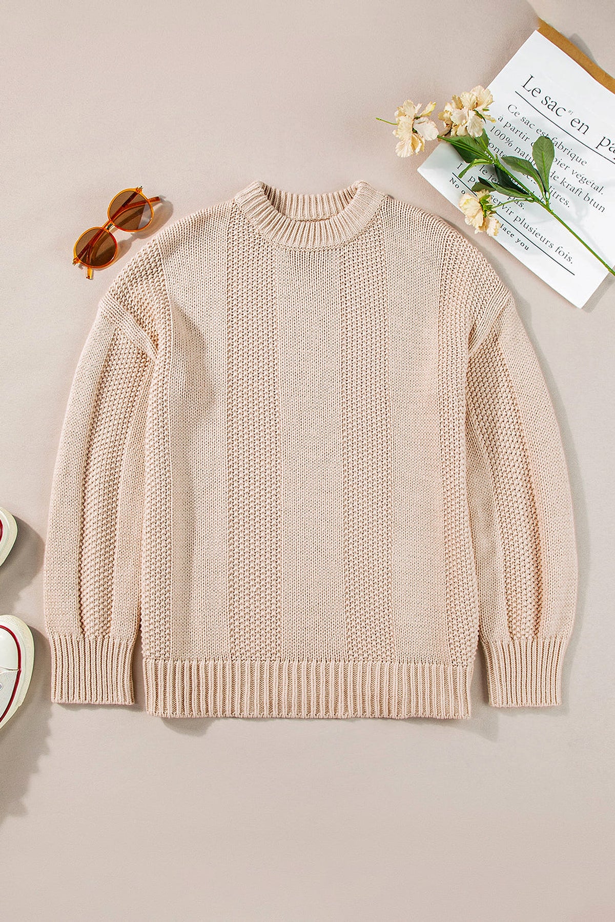 Pale Khaki Solid Color Cable Knit Ribbed Loose Sweater - enhanced image 4