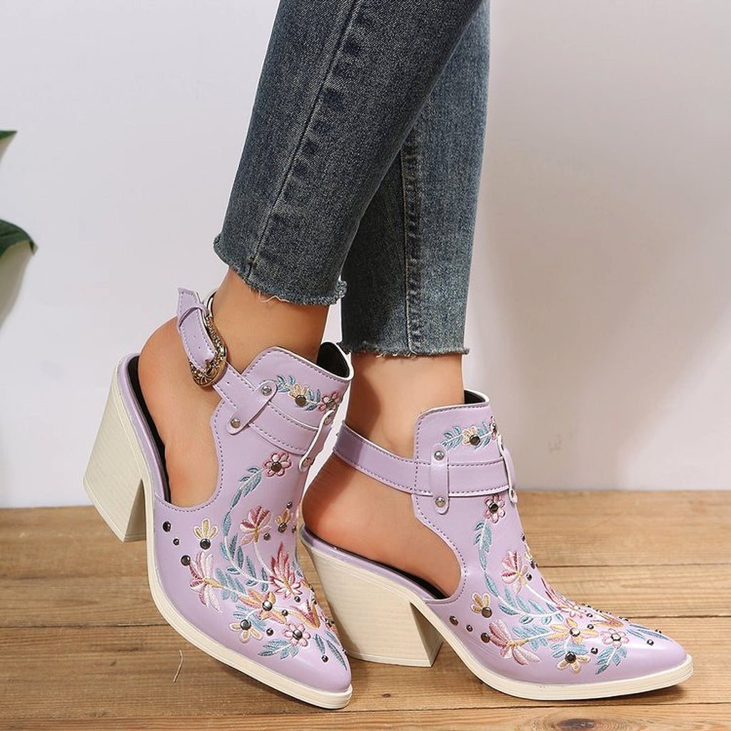 Personalized Retro Embroidery Rivet High Heels Chunky Heel - enhanced image 4