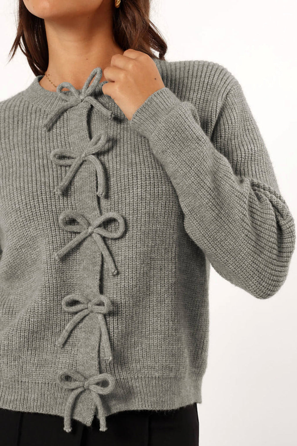 Philippine Gray Ribbed Knit Bow Front Buttoned Cardigan - enhanced image 4