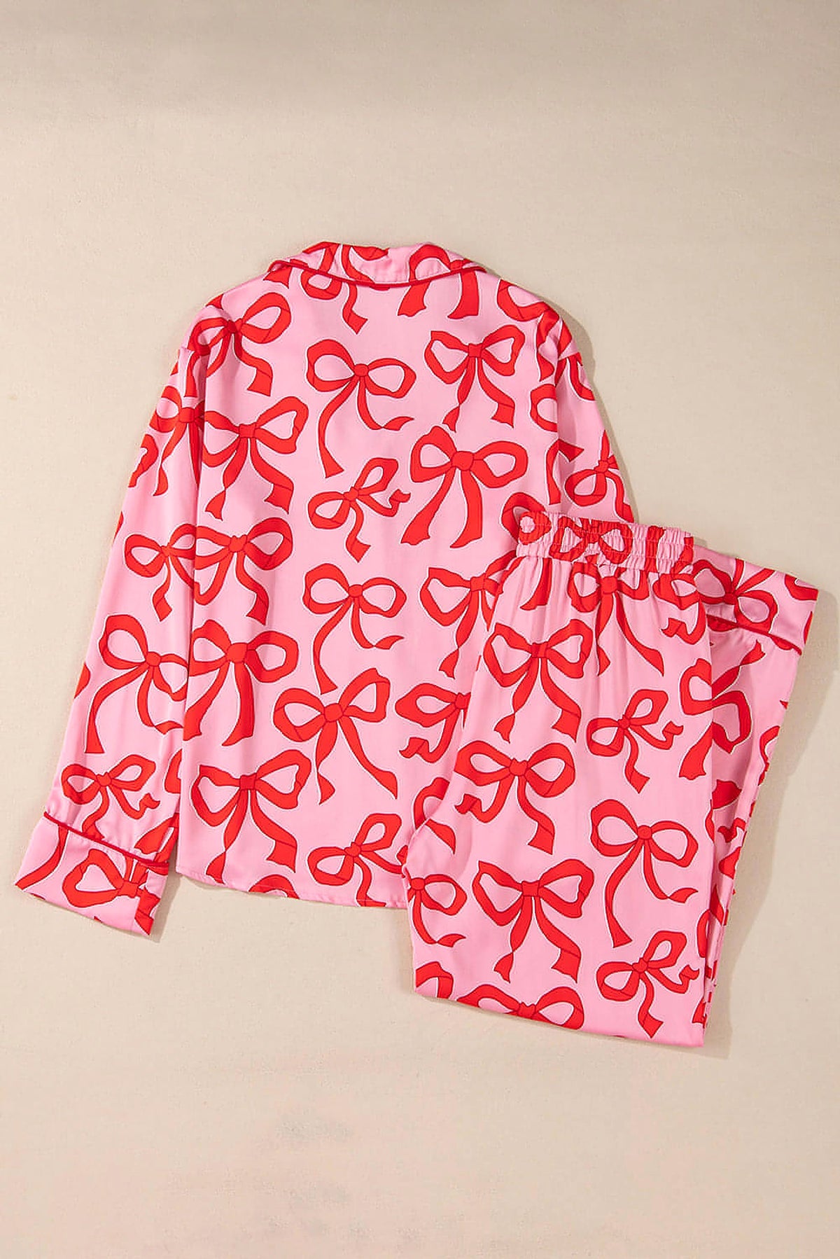Pink 2pcs Bow Print Shirt Style Long Sleeve Pajama Set - enhanced image 4