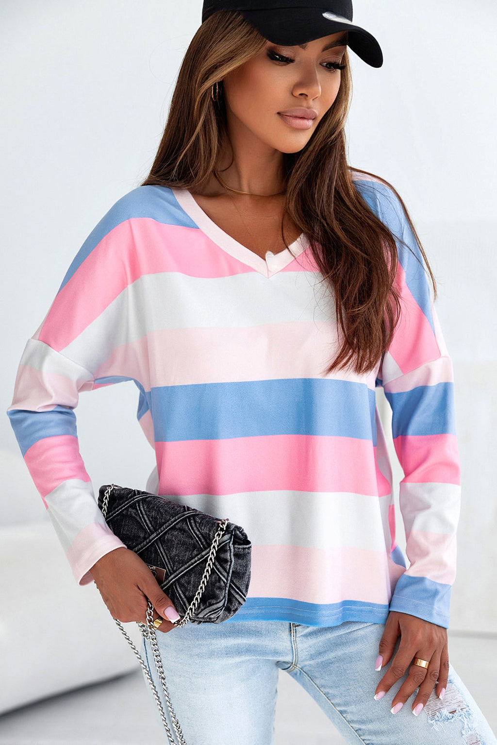 Pink Contrast Striped V Neck Long Sleeve Top - enhanced image 4