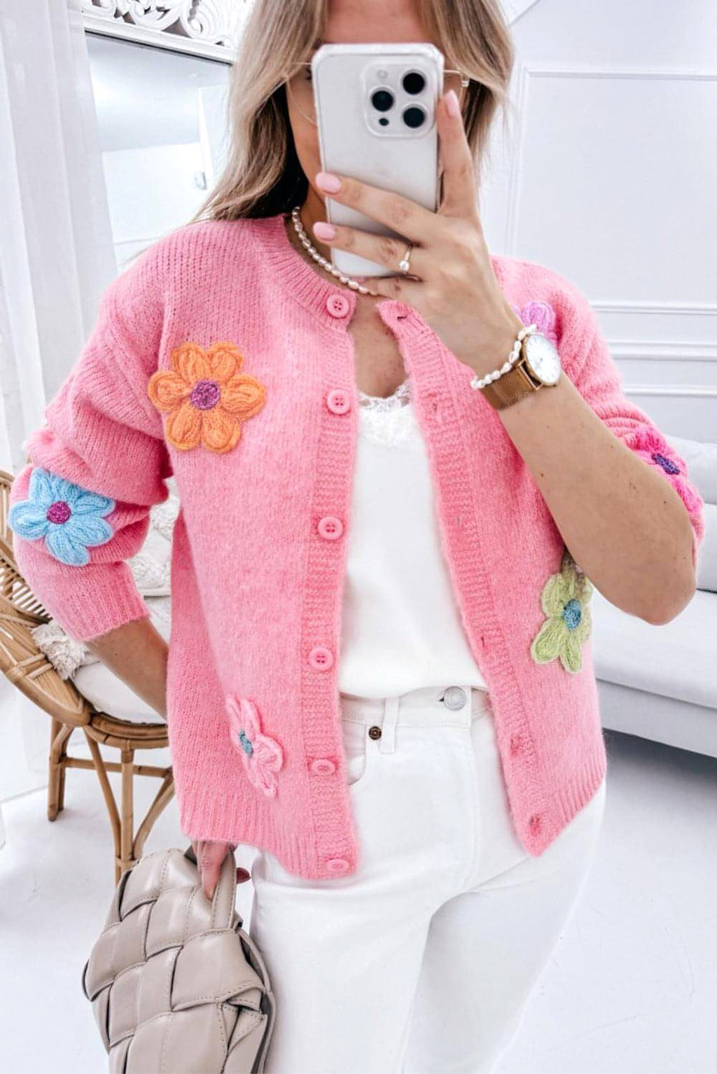 Pink Cute Knitted Floral Pattern Button Up Cardigan - enhanced image 4