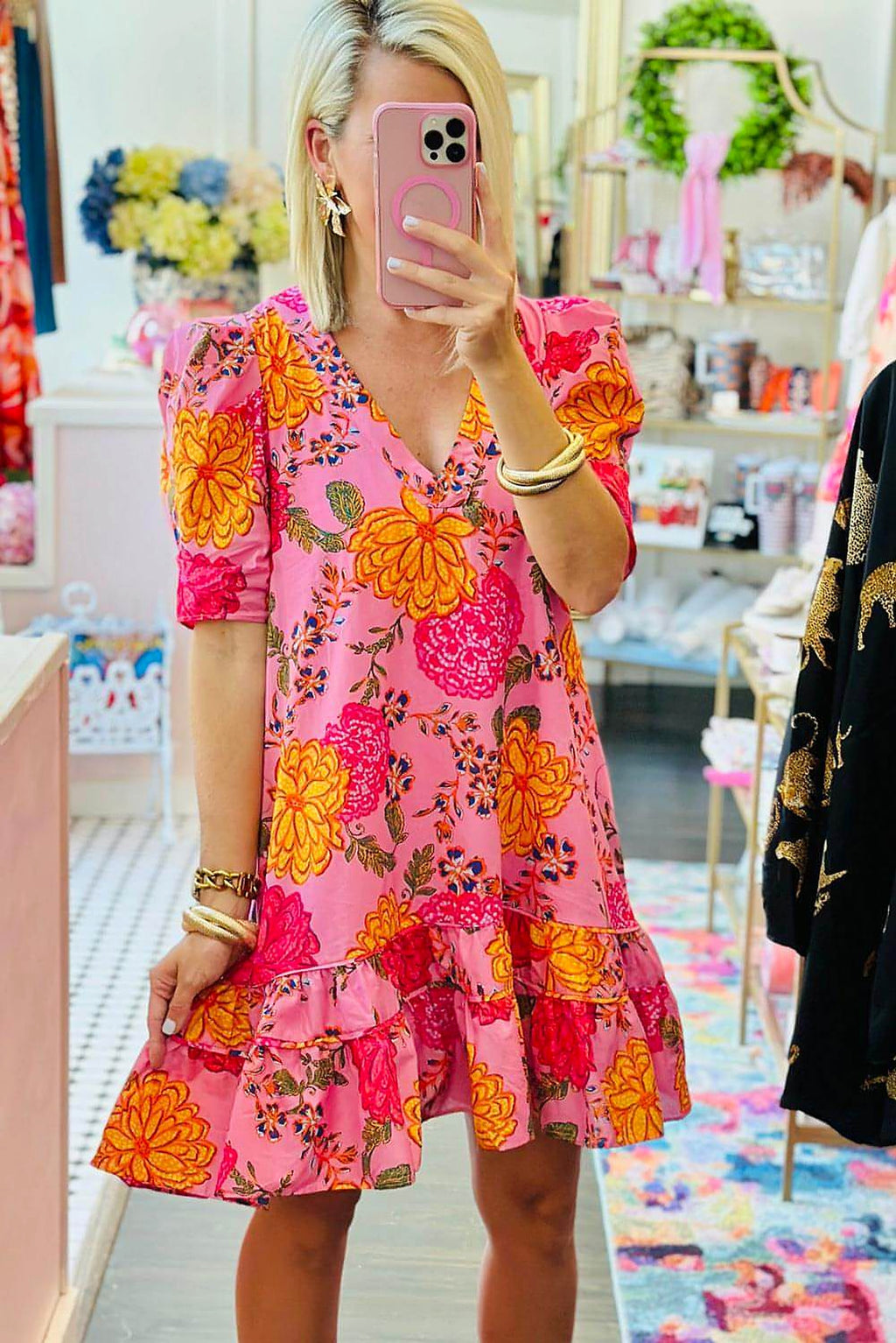 Pink Floral Bubble Sleeve V Neck Ruffled Mini Dress - enhanced image 4