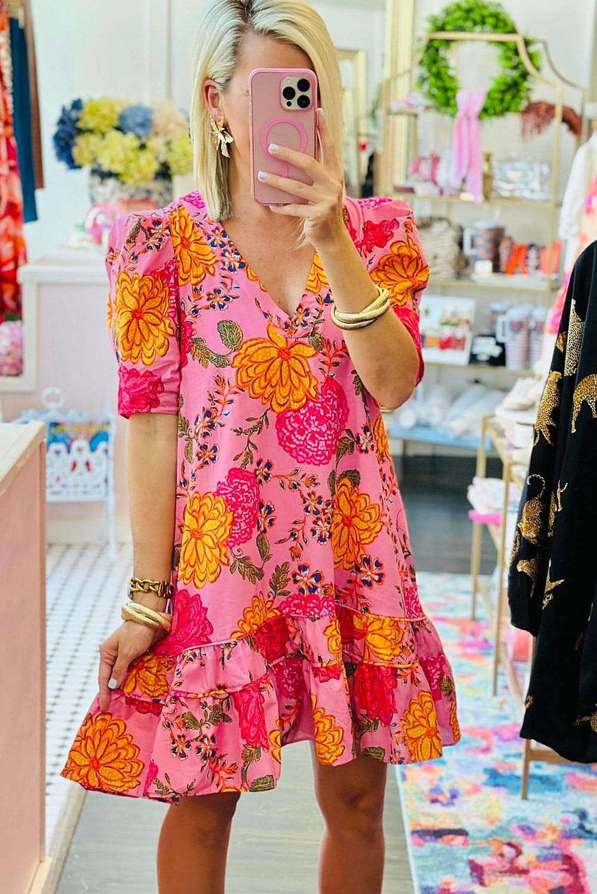 Pink Floral Bubble Sleeve V Neck Ruffled Mini Dress - enhanced image 4