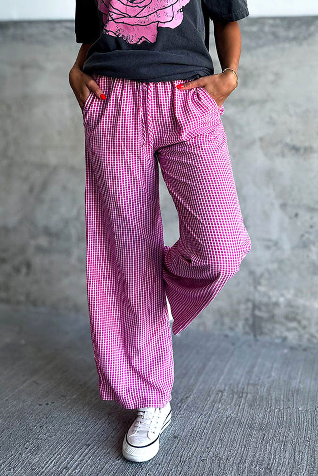 Pink Plaid Print Drawstring High Waist Wide Leg Casual Pants - enhanced image 4