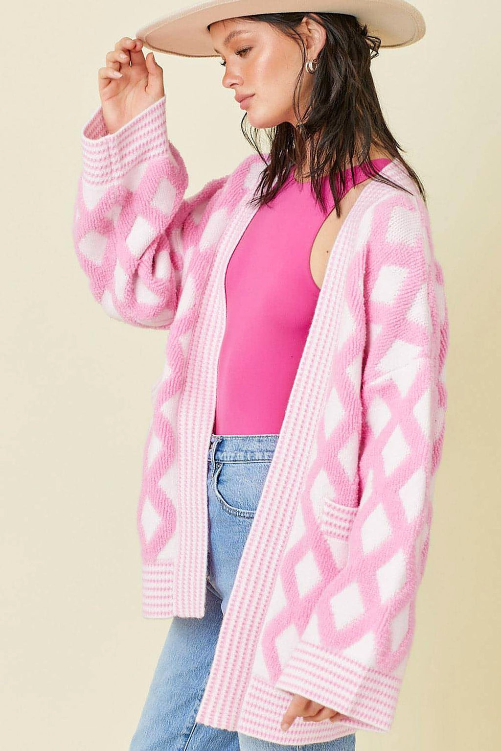 Pink Rhombus Pattern Knit Open Front Pocketed Cardigans - enhanced image 4