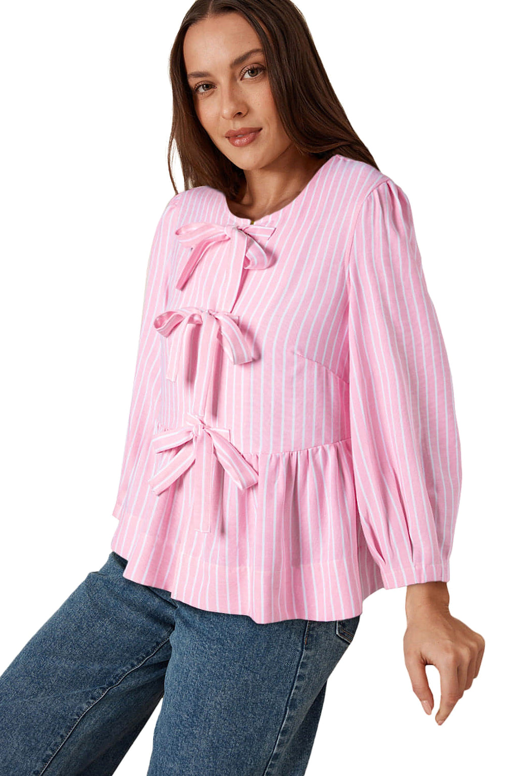 Pink Stripe Bowknot Front Crew Neck Puff Sleeve Blouse - enhanced image 4