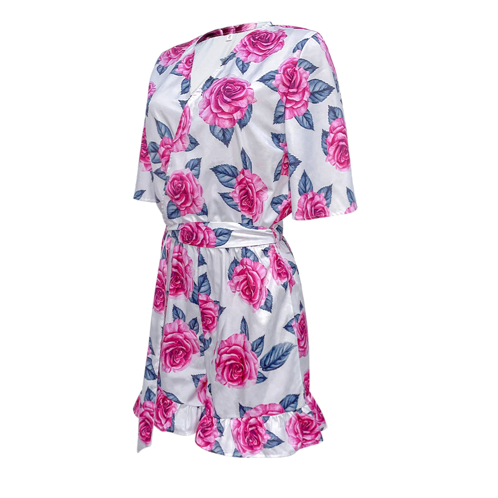 Printed Flared Short-Sleeved Lace-Up Jumpsuit Skirt - enhanced image 4