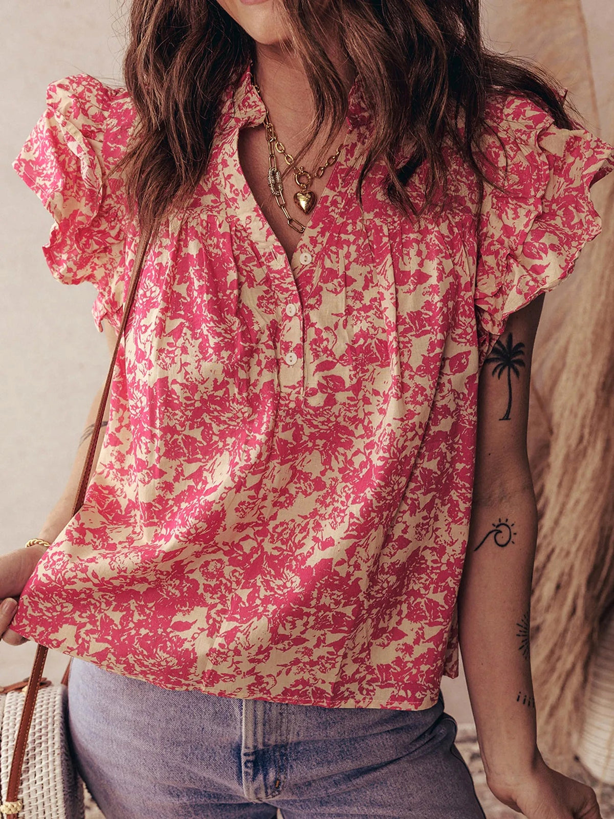 Printed Half Button Neck Ruffle Sleeve Blouse - enhanced image 4