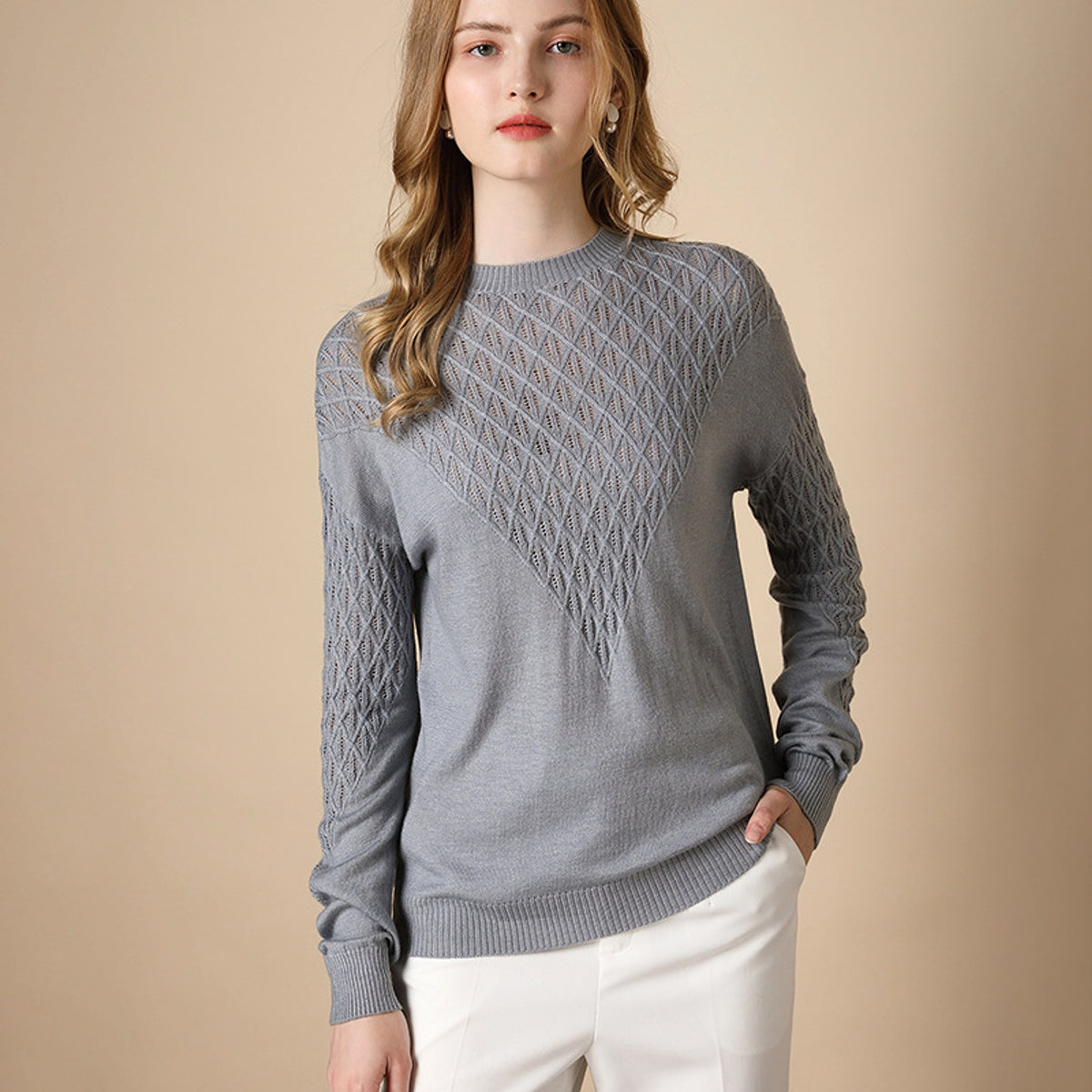 Pure Color Hollow Knitted Sweater Women Half High Fashion - enhanced image 4