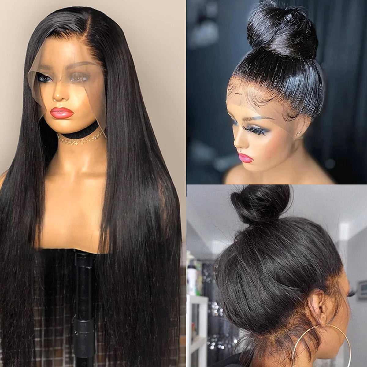 LuxeWave - Real Human Hair Lace Wig Set Straight Hair Black Medium Length - enhanced image 4