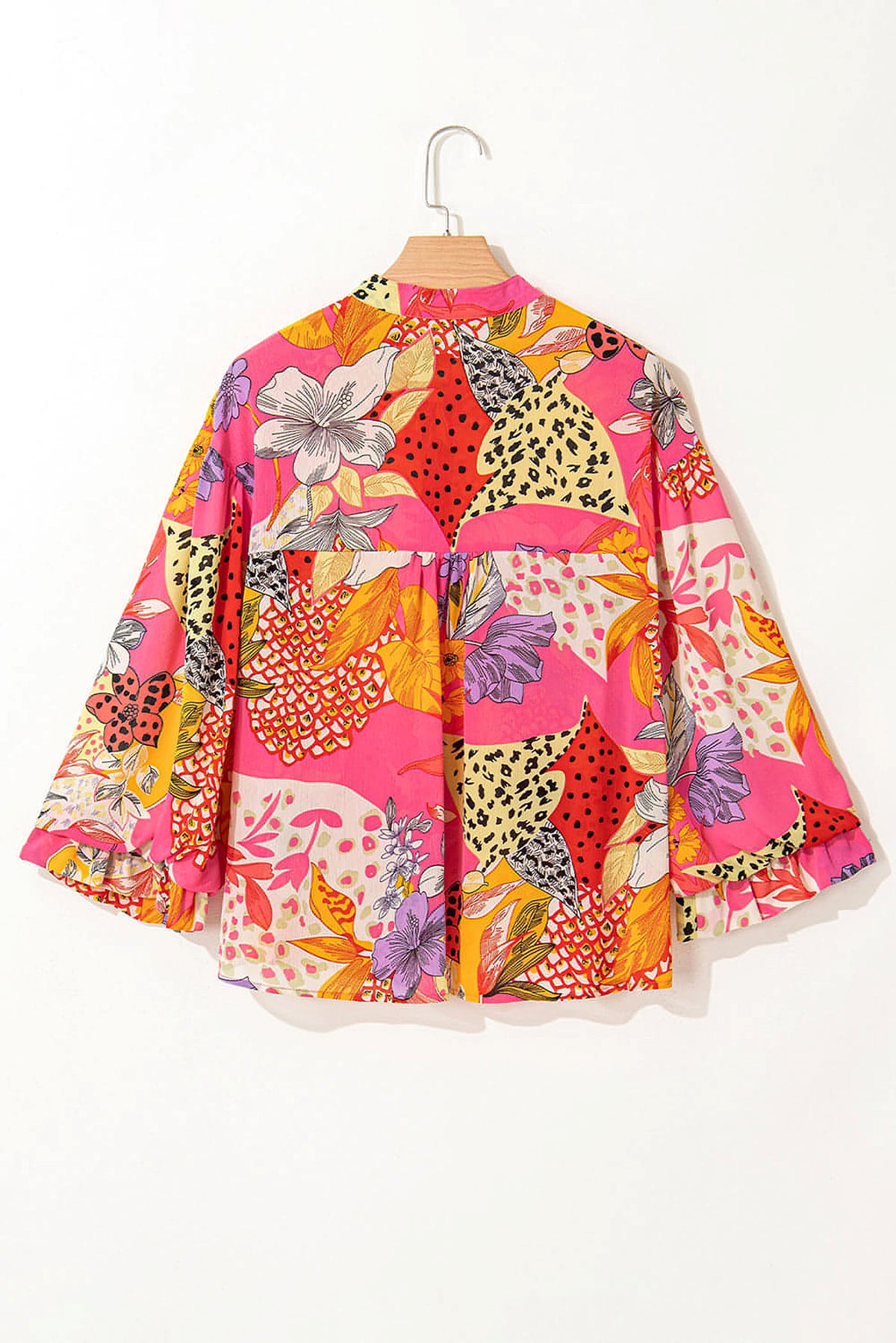 Red Abstract Floral Print Buttoned Ruffled Bubble Sleeve Shirt - enhanced image 4