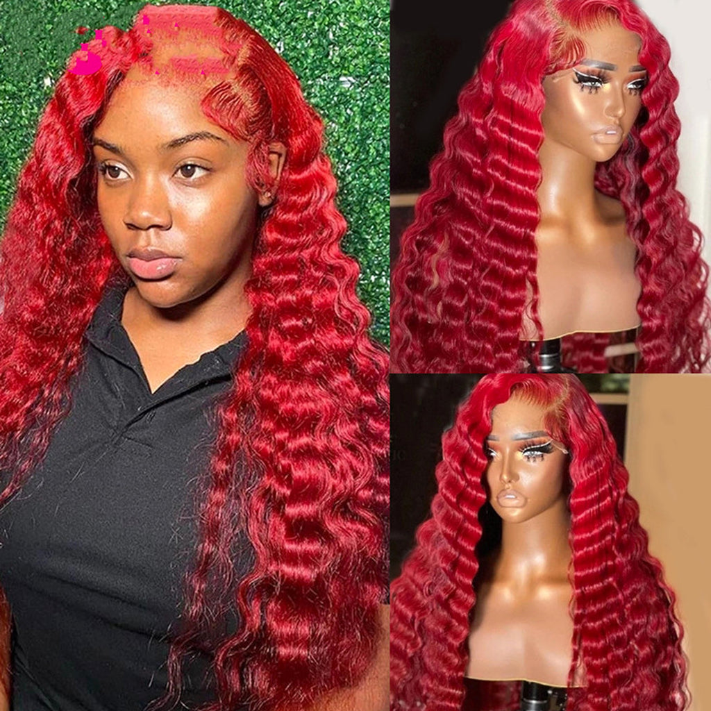 Red Deep Wave Human Hair Wig Real Headgear - enhanced image 4
