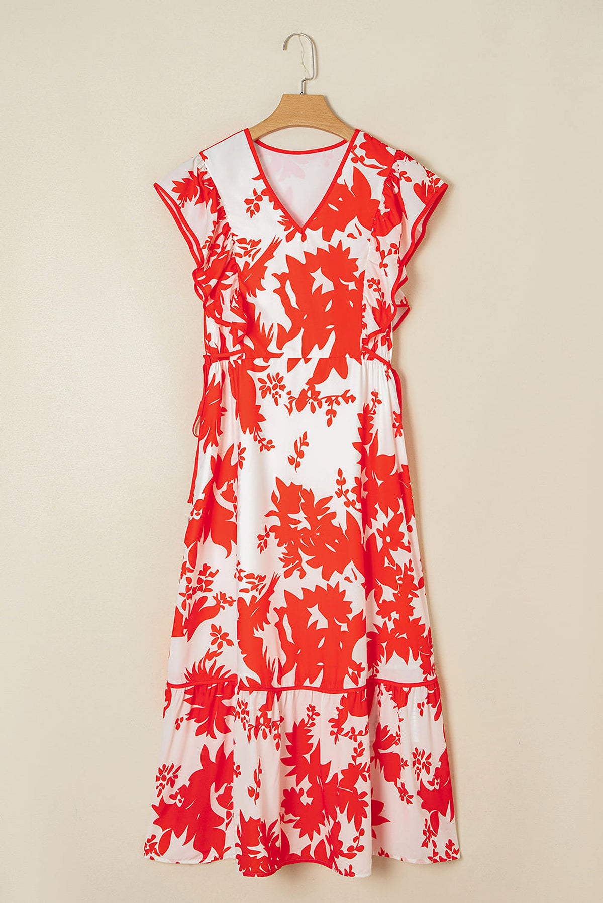 Red Floral Print Trimmed V Neck Ruffle Sleeve Long Dress - enhanced image 4