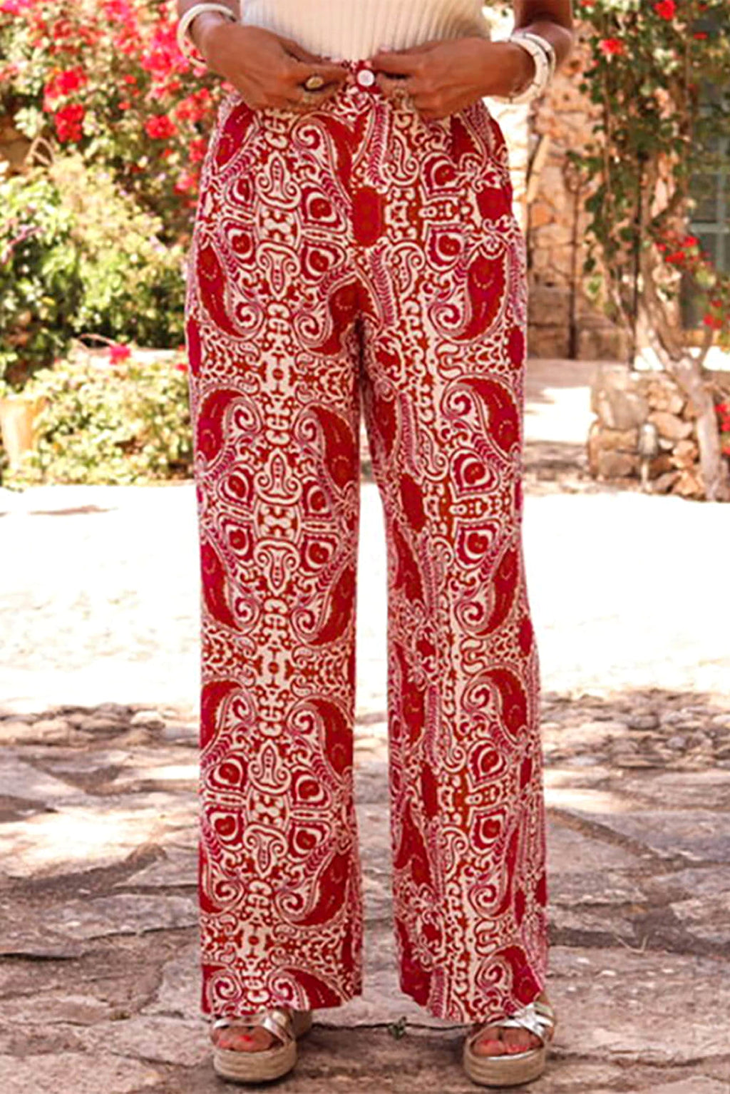Red Paisley Printed Buttoned High Waist Straight Leg Pants - enhanced image 4