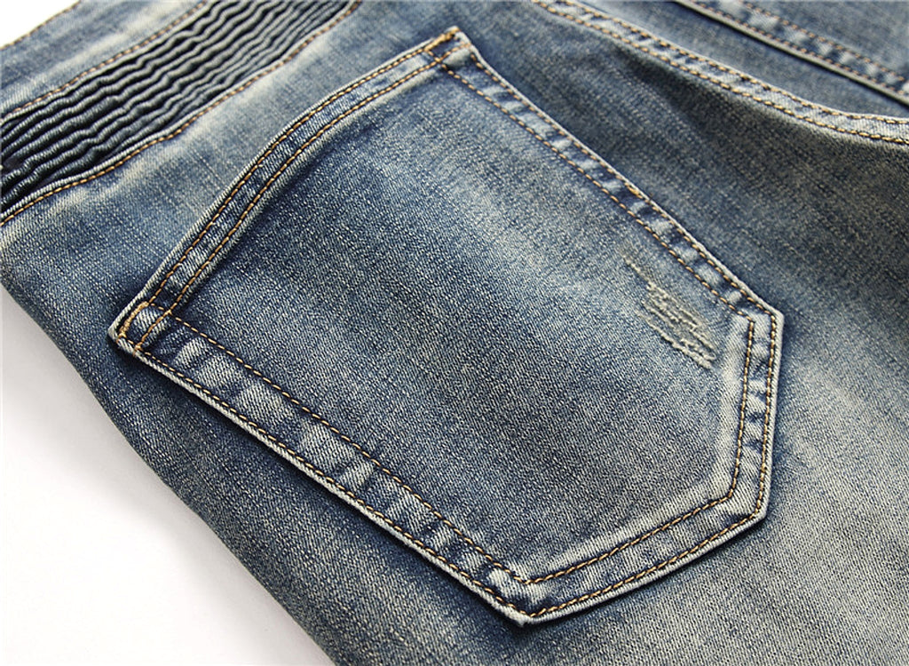 Retro Crumpled Hole Patch Elastic Straight Skinny Jeans - enhanced image 4