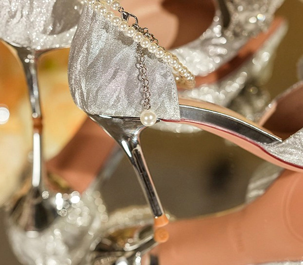 Rhinestone Bow Pointy Hollow Pearl Heels - enhanced image 4