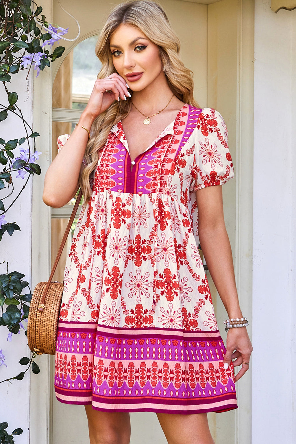 Rose Boho Floral Short Sleeve Lace-up V Neck Mini Dress - enhanced image 4
