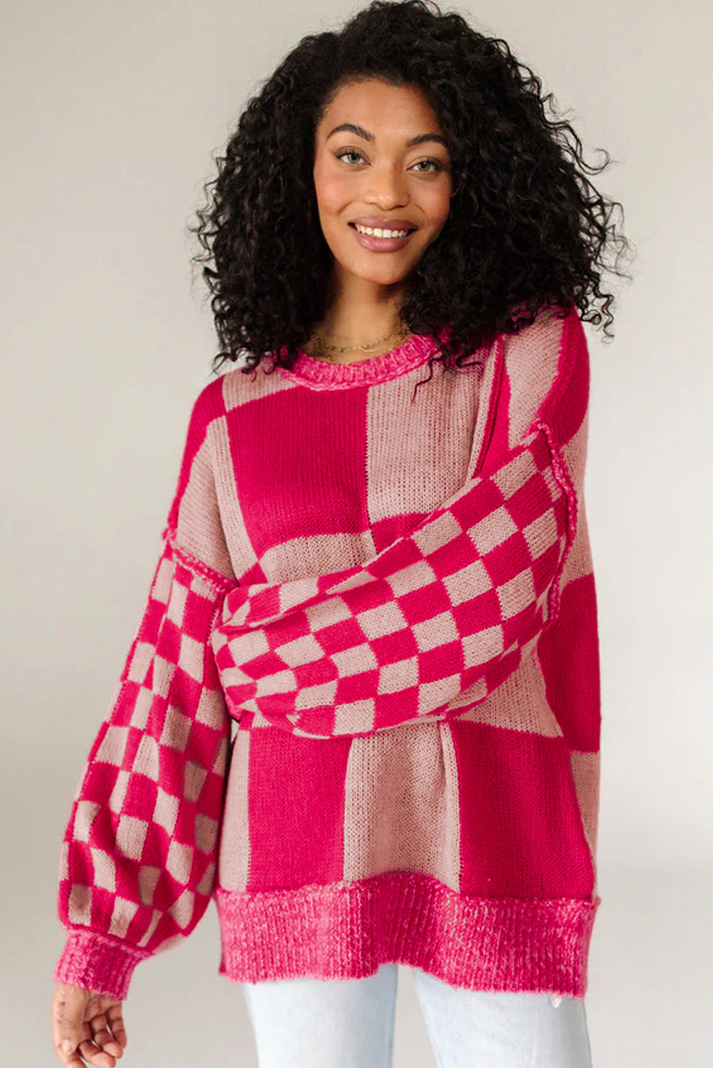 Rose Red Mixed Checkered Pattern Drop Shoulder Loose Sweater - enhanced image 4