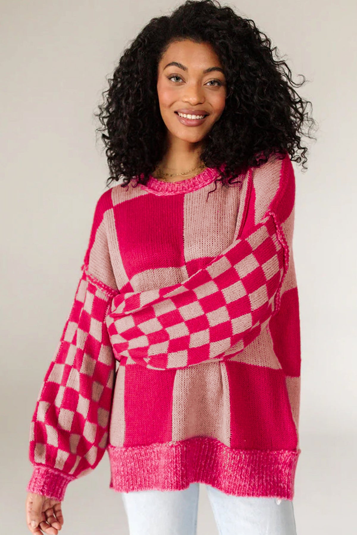 Rose Red Mixed Checkered Pattern Drop Shoulder Loose Sweater - enhanced image 4