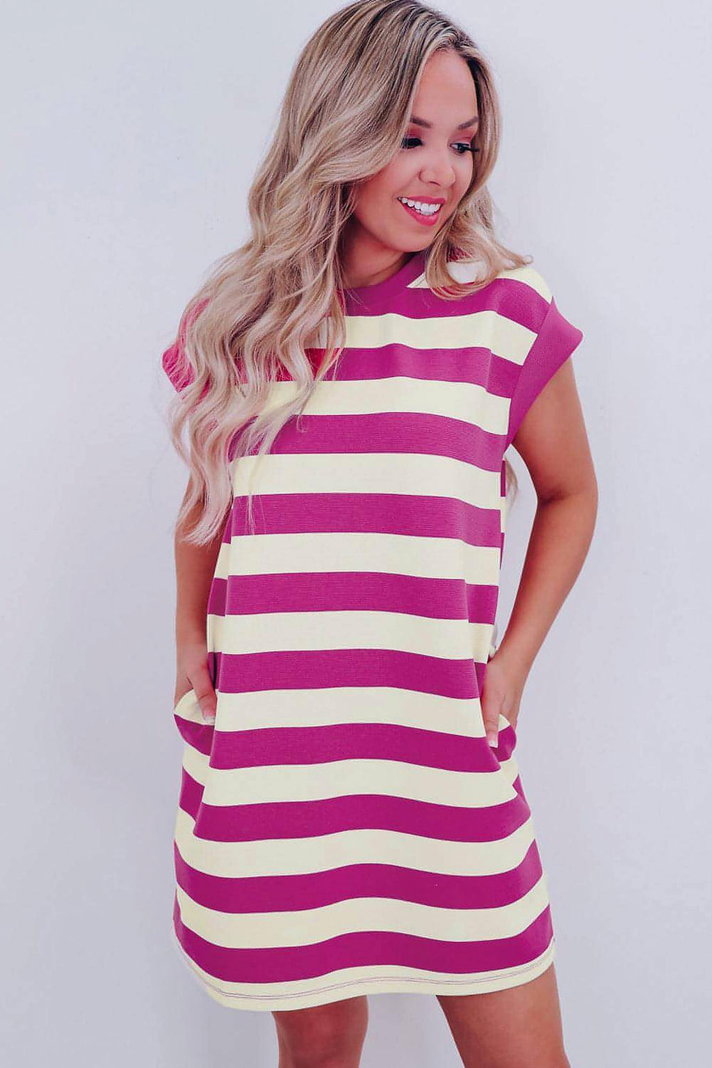 Rose Stripe Cap Sleeve Pocketed Shift T-shirt Dress - enhanced image 4