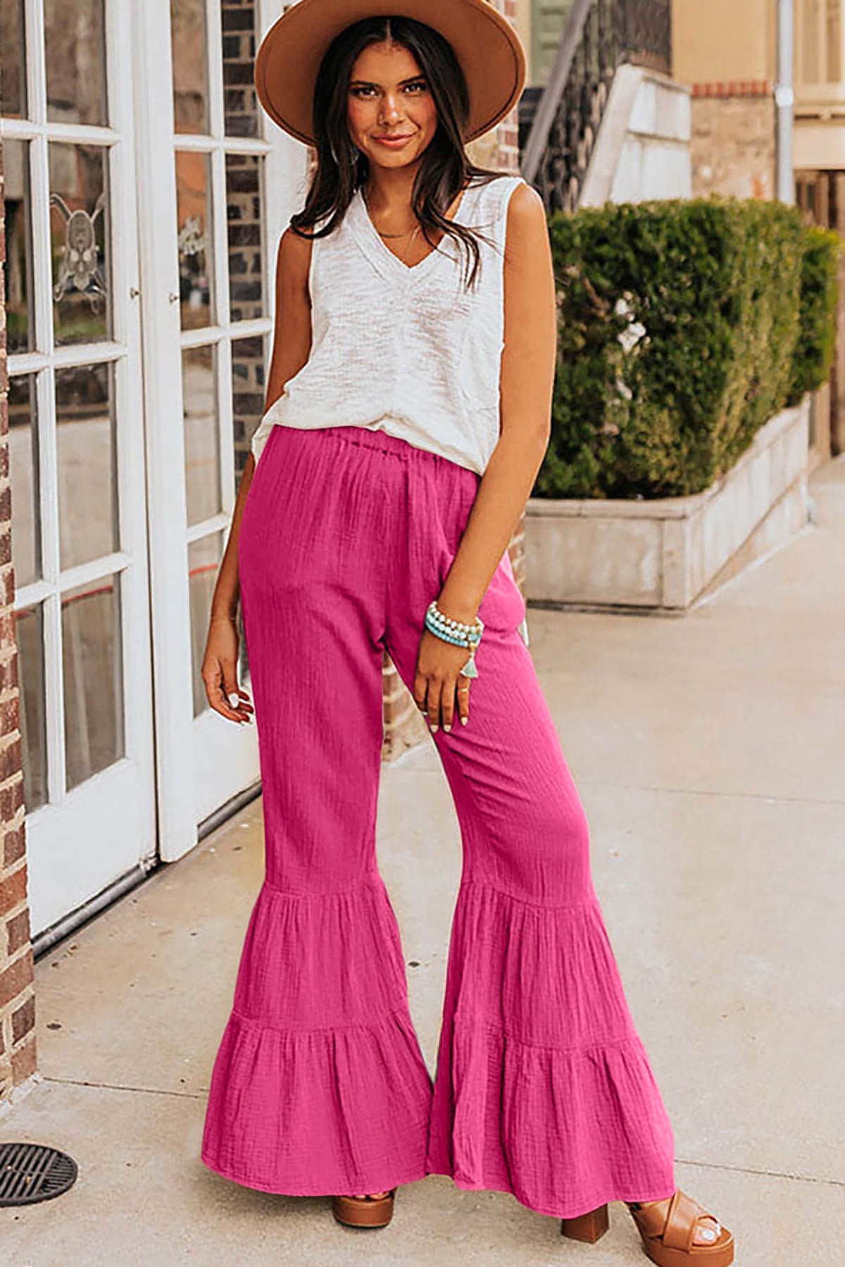 Rose Textured High Waist Ruffled Bell Bottom Pants - enhanced image 4