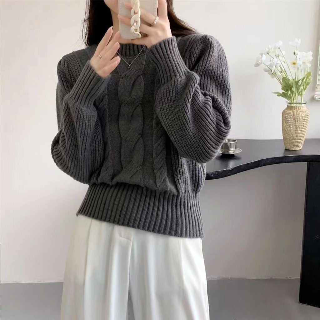 Round Neck Lantern Sleeve Cable-knit Sweater - enhanced image 4