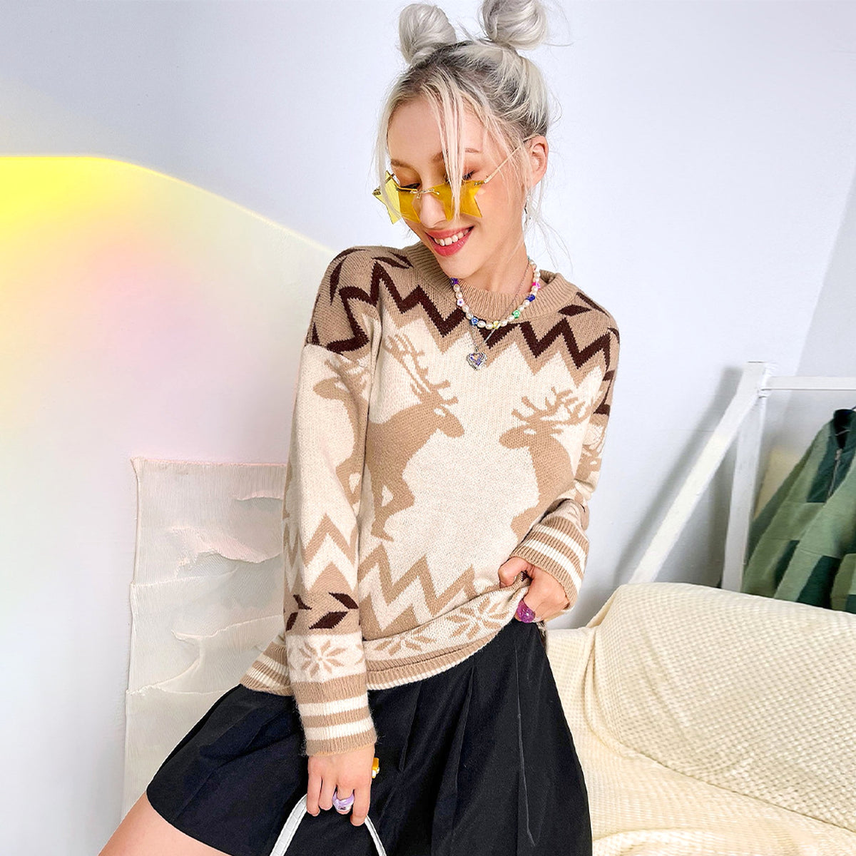 Round Neck Pullover Elk Style Women's Knitted Sweater Women - enhanced image 4