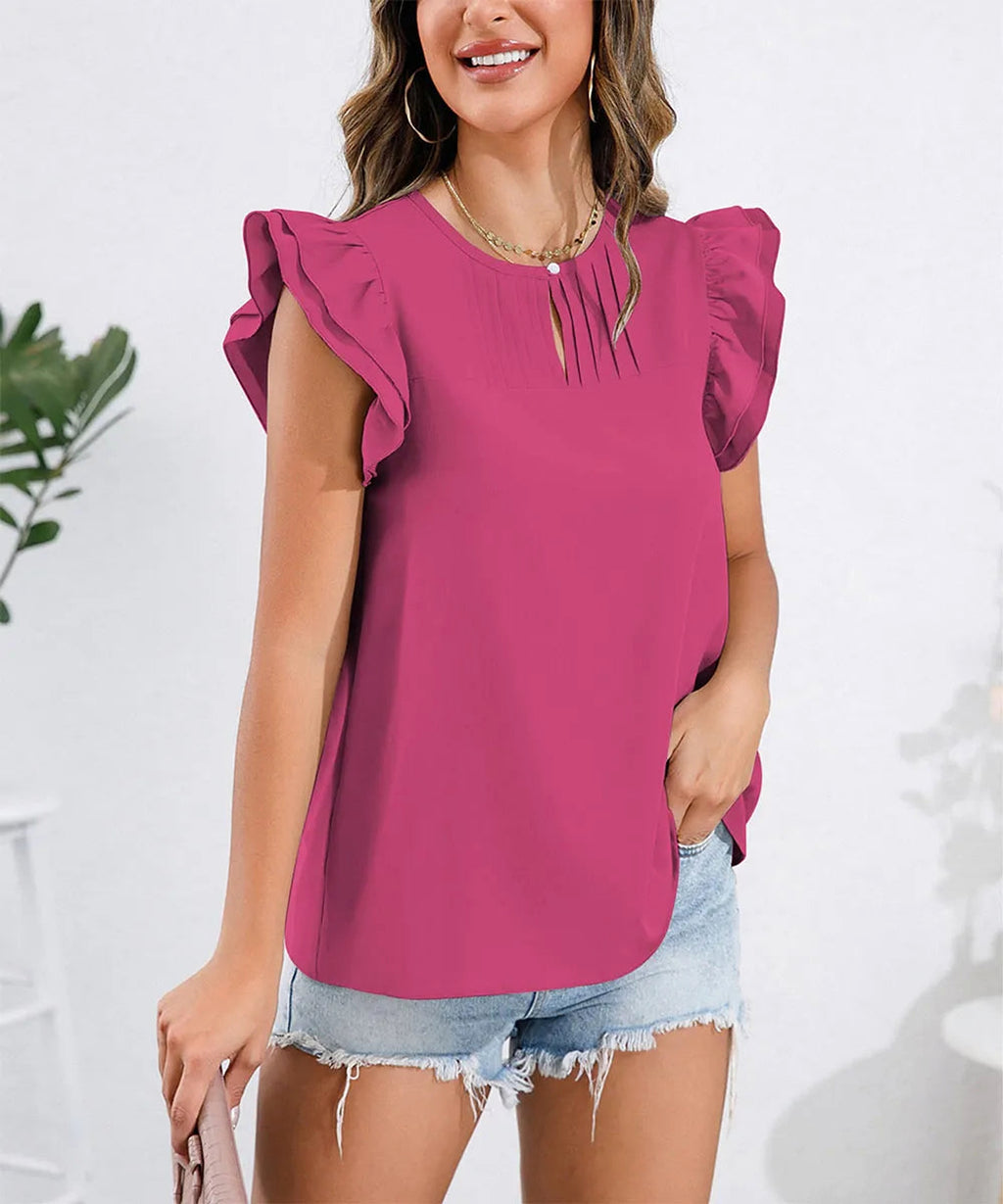 Ruffle Cap Sleeve Round Neck Blouse - enhanced image 4