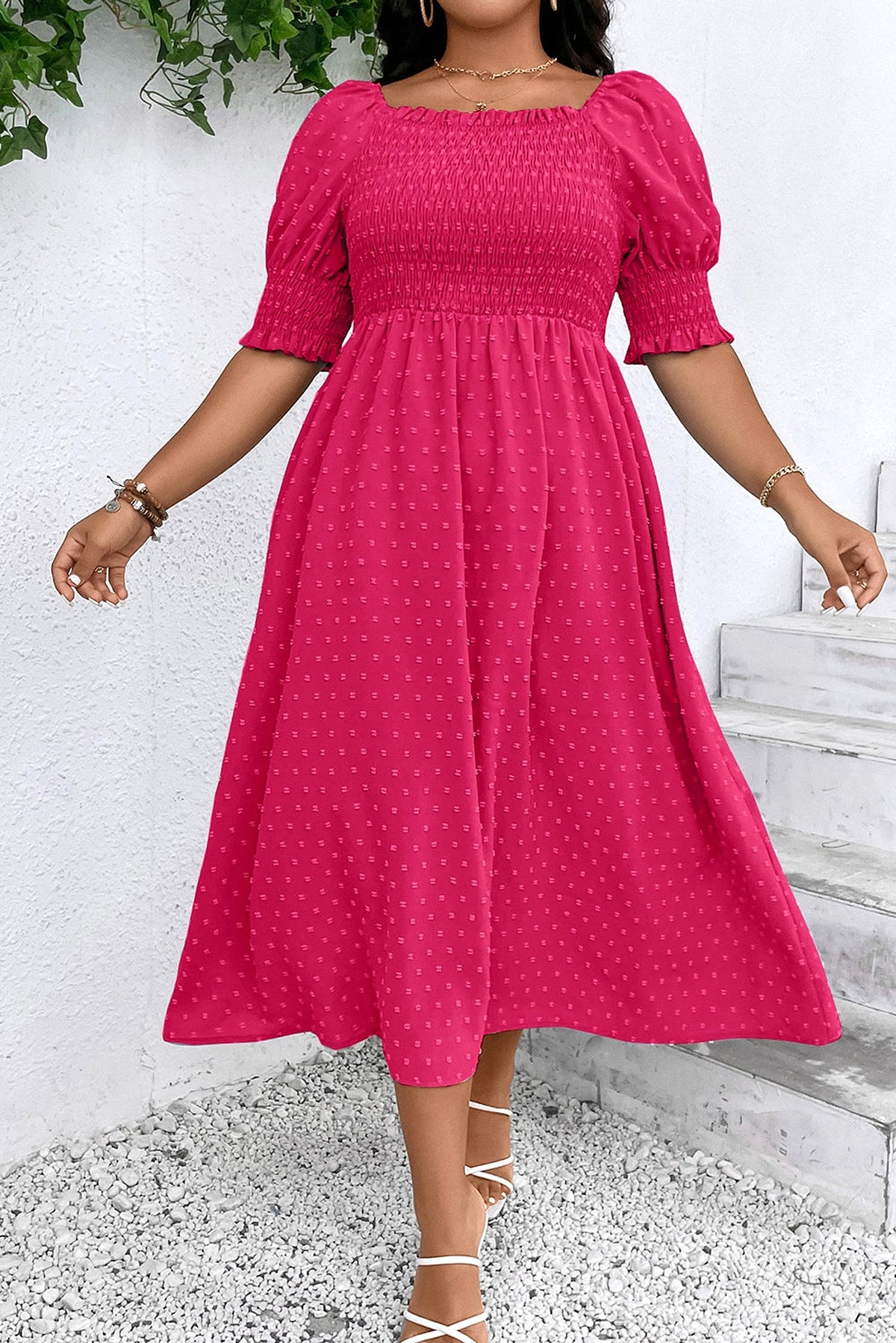 Sachet Pink Swiss Dot Smocked Frilled Neckline Short Sleeve Plus Size Dress - enhanced image 4