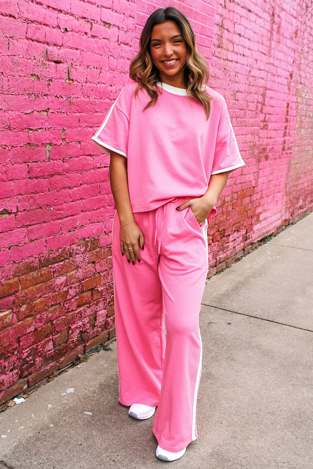 Sachet Pink Varsity Stripe Detail Casual Tee and Pants Leisure 2pcs Set - enhanced image 4