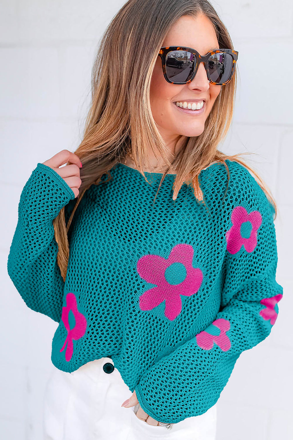 Sea Green Big Flower Hollowed Knit Drop Shoulder Sweater - enhanced image 4
