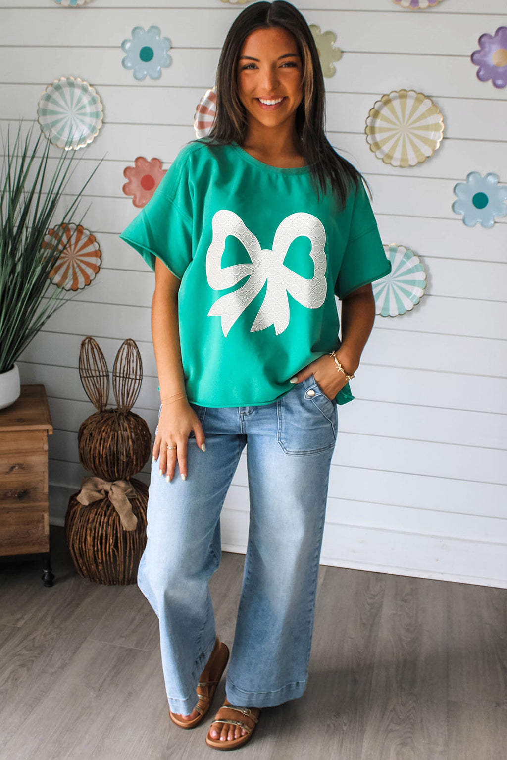 Sea Green Lace Bow Raw Edge Drop Shoulder Casual T Shirt - enhanced image 4