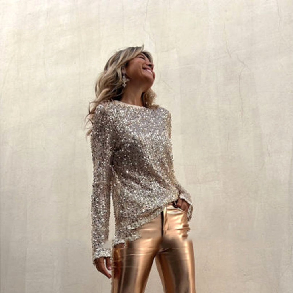 Sequined Mesh Long Sleeve T-Shirt Women - enhanced image 4