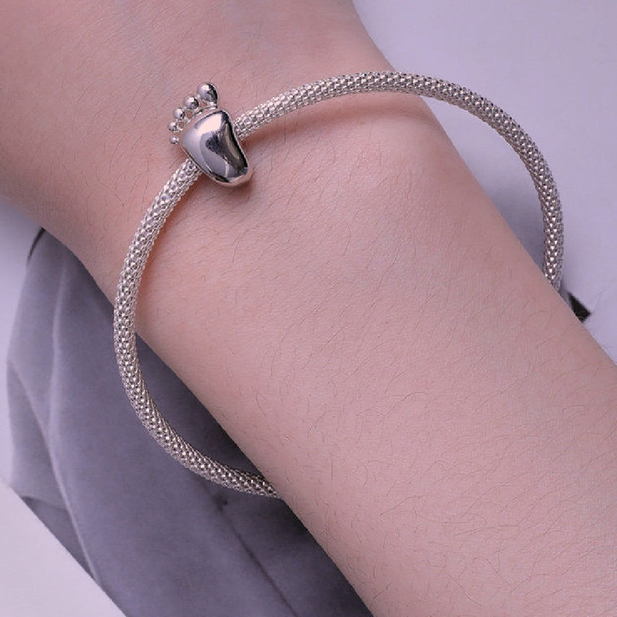 Silver Engraved Baby Footprint Bead – Personalized Charm for Bracelets - enhanced image 4
