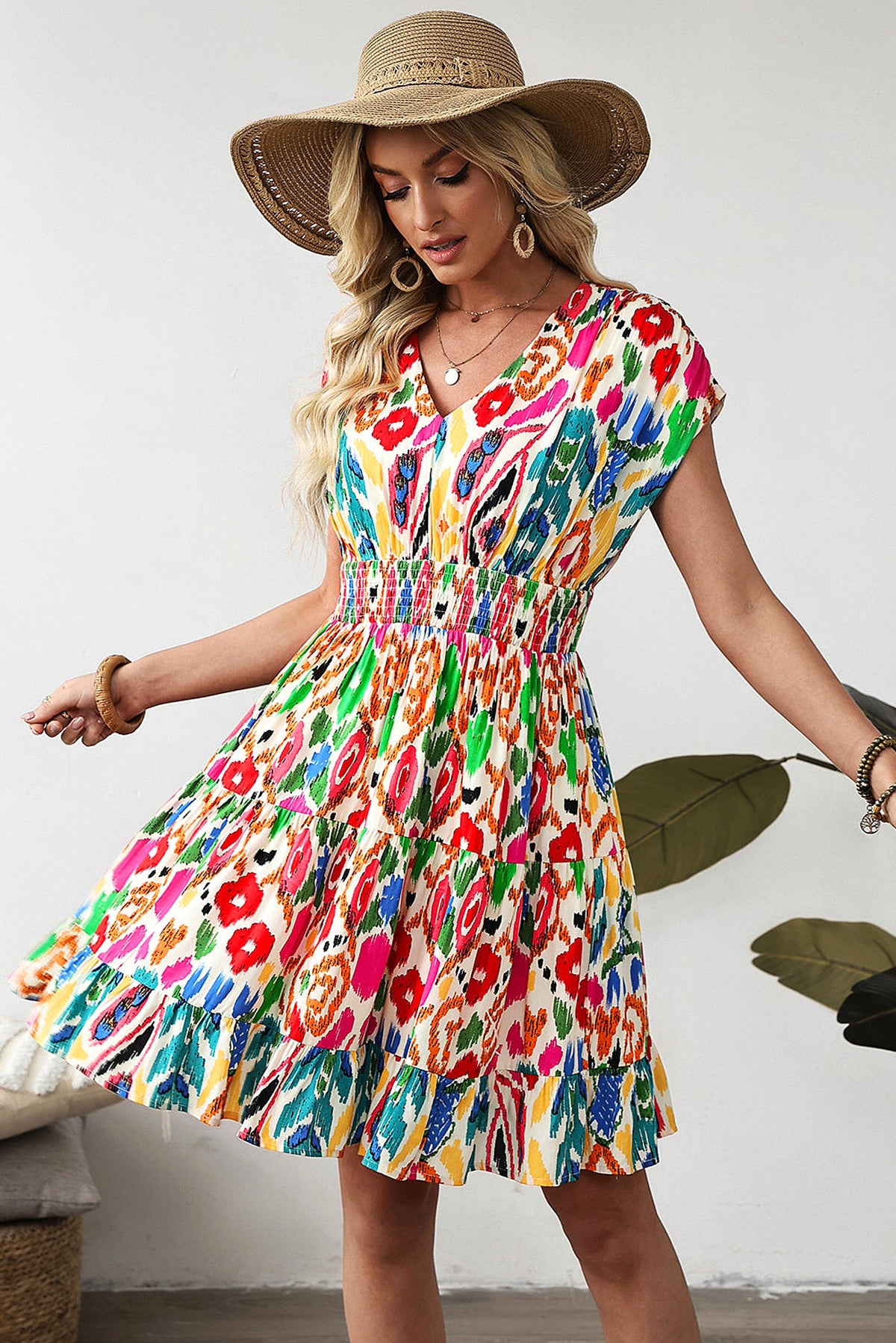 Sky Blue Abstract Print V Neck Dolman Sleeve Ruffle Tiered Mini Dress - enhanced image 4