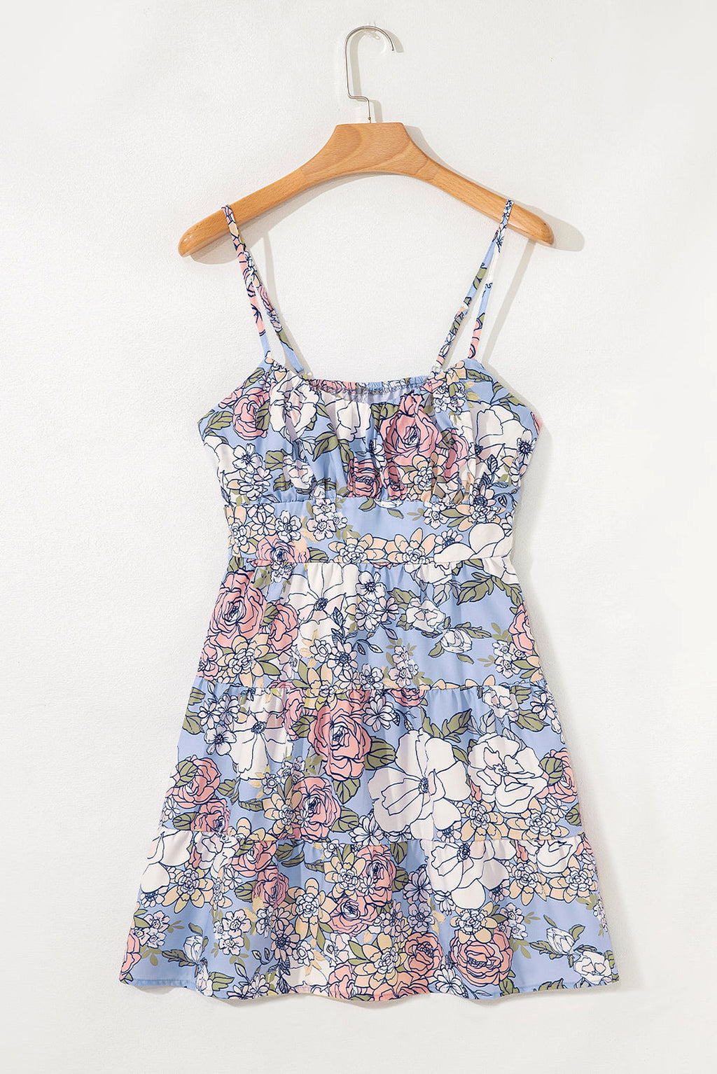 Sky Blue Floral Tiered Patchwork Spaghetti Strap Vacation Dress - enhanced image 4