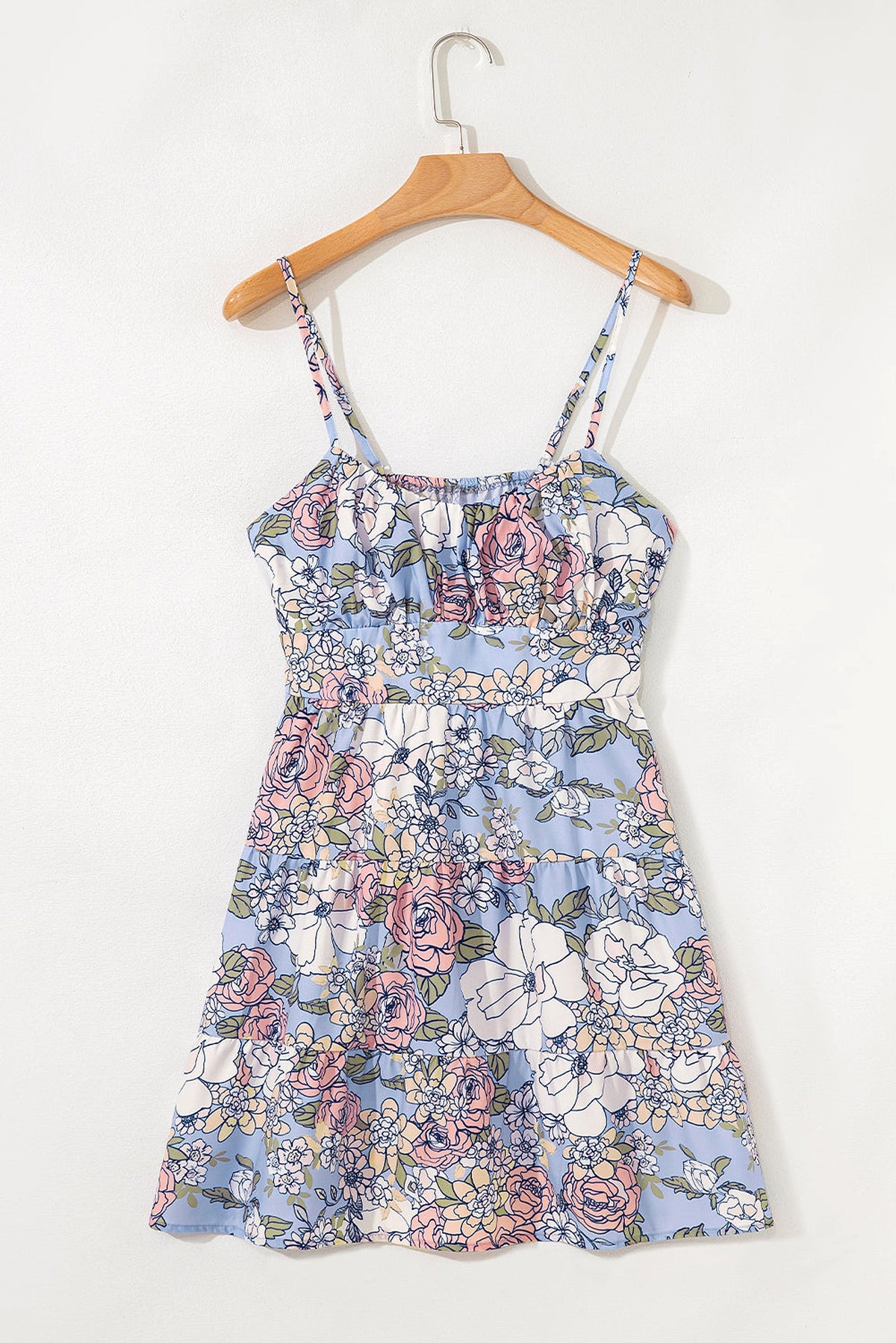 Sky Blue Floral Tiered Patchwork Spaghetti Strap Vacation Dress - enhanced image 4