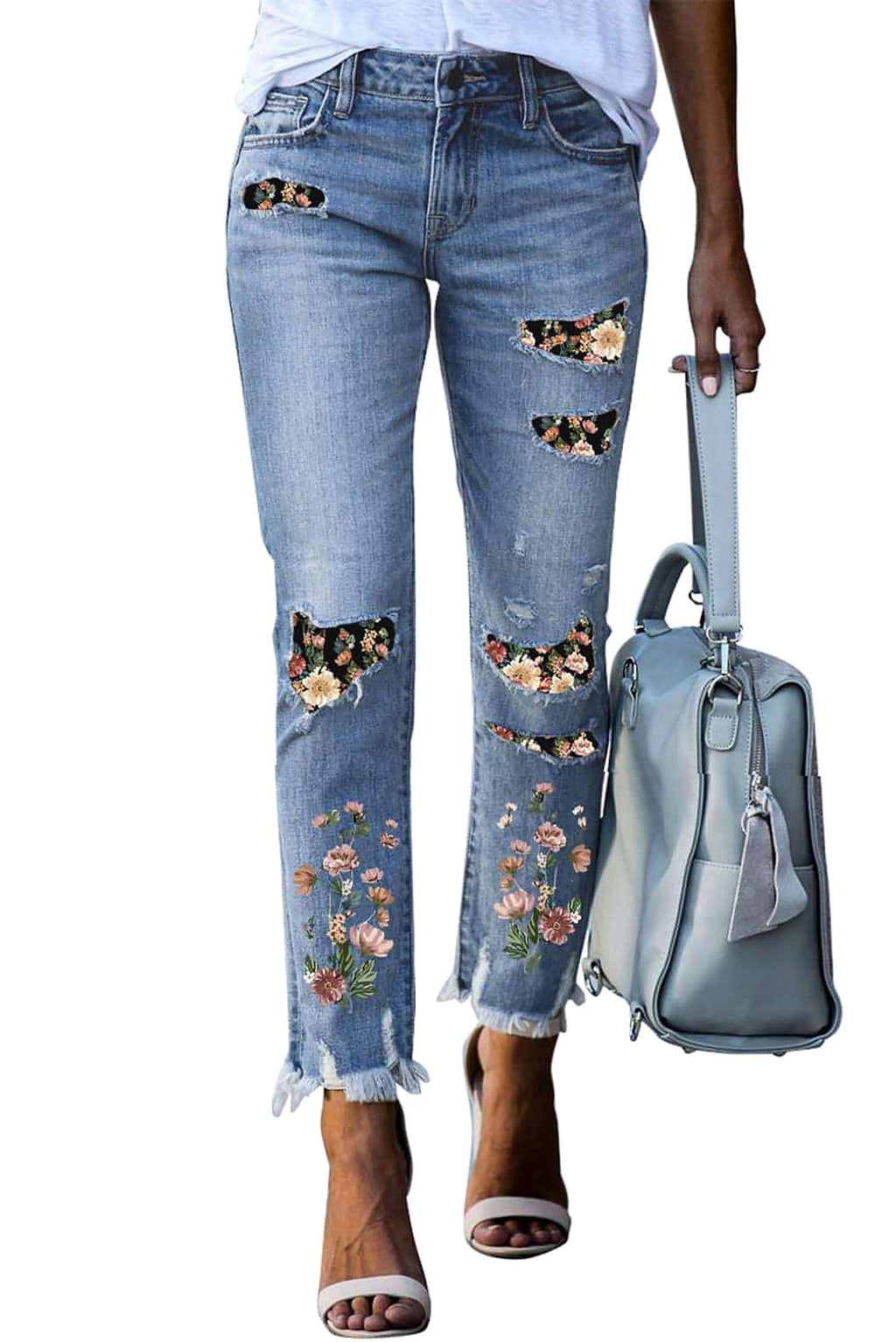Sky Blue Printed Patch Ripped Skinny Jeans - enhanced image 4