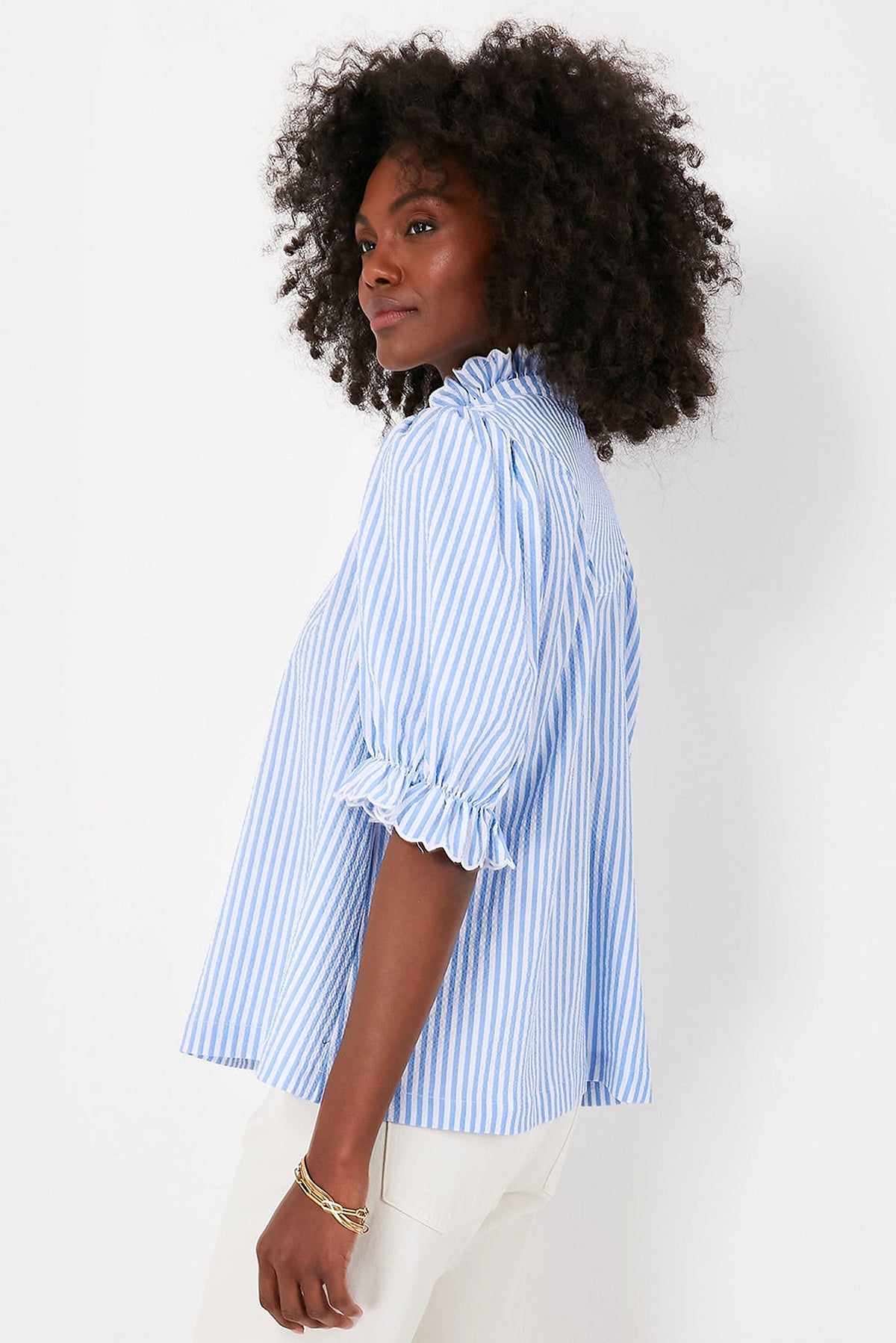 Sky Blue Stripe Ruffled Collar Puff Sleeve Half Buttons Blouse - enhanced image 4